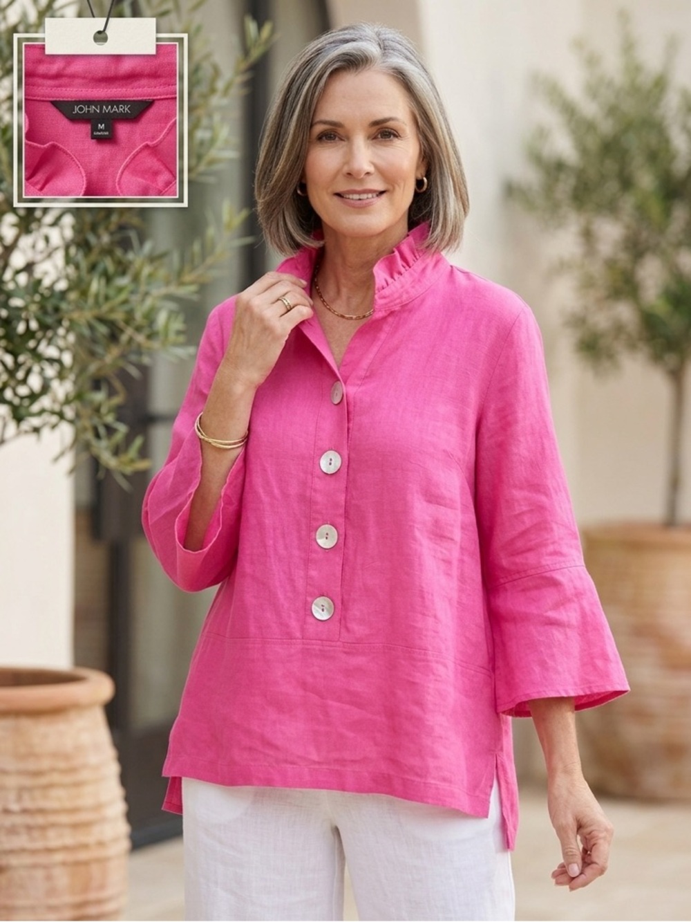 John Mark 100% Linen Ruffle Collar Tunic Shirt - Medium - Pink
